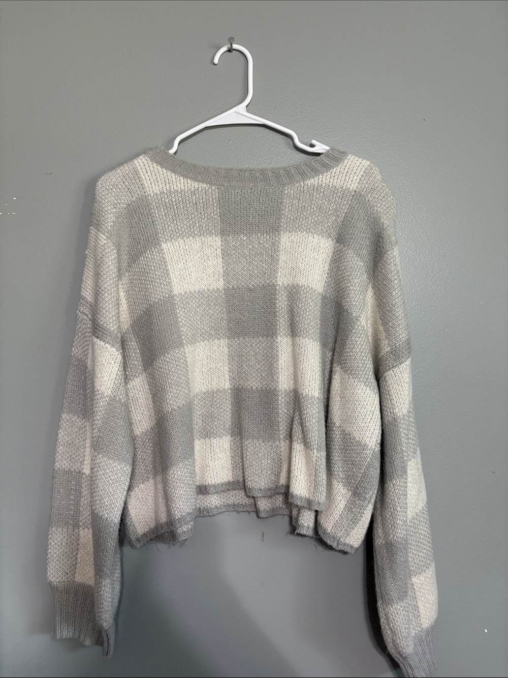 Neutral Gray & Cream Check Crewneck Sweater